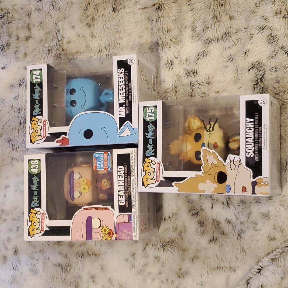Funko Pops Rick and Morty, set of 3: geared, Mr meseeks, squanchy